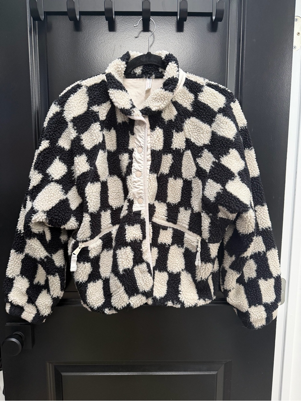 Free People Checkerboard Teddy Jacket - Black & Cream